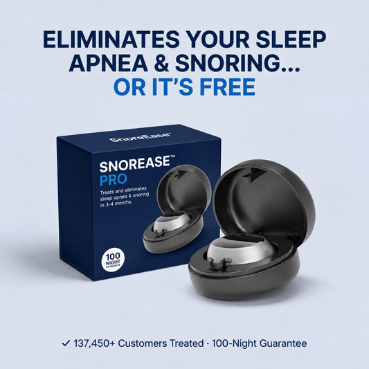 SleepEase Pro sleep apnea device shown open next to its dark blue retail box on a light blue background, with promotional text above and customer treatment statistics below.